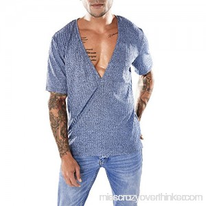 Deep V Neck T Shirt,Donci Vertical Stripes Fashion Slim Tees Solid Color Casual Summer New Men's Short Tops Blue B07Q445QYF